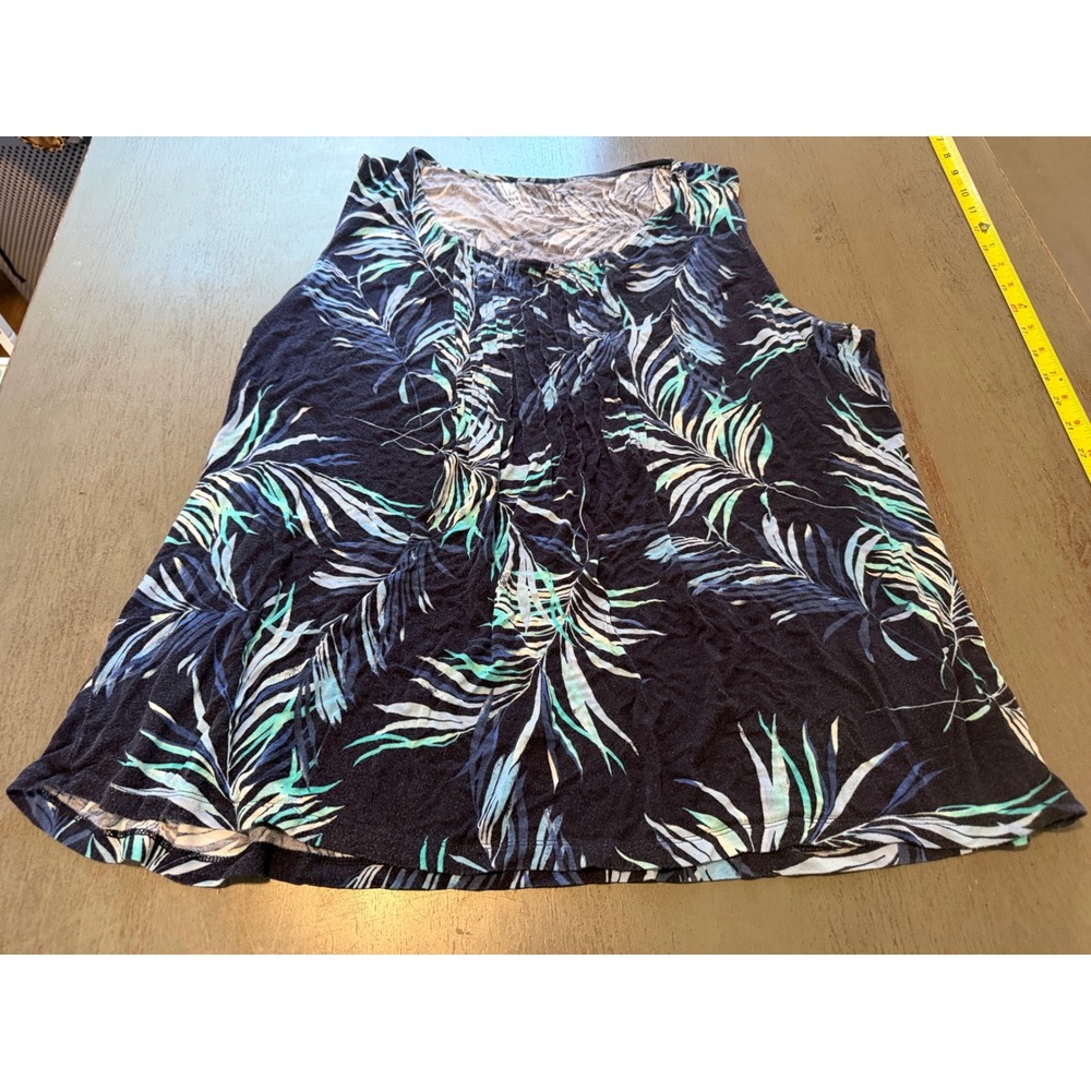 Croft & Barrow Womens 2X Tropical Palm Leaf Sleeveless Pleated Tank Top Navy